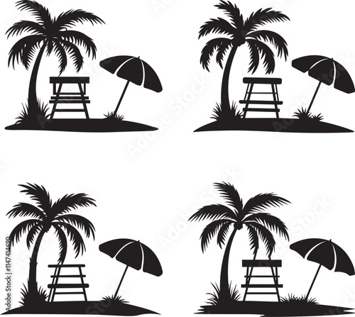 vector silhouette illustration of a beach view with palm tree, lifeguard chair, and beach umbrella