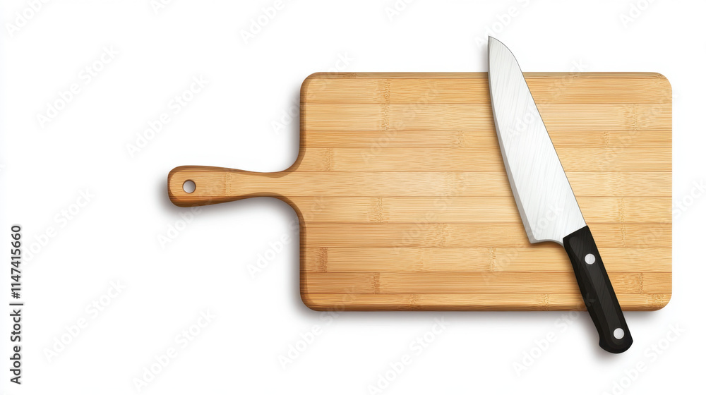 A wooden cutting board with a sharp knife resting on it, ideal for food preparation and culinary tasks. A wooden cutting board with a sharp knife resting on it, ideal for food preparation and culinary tasks.