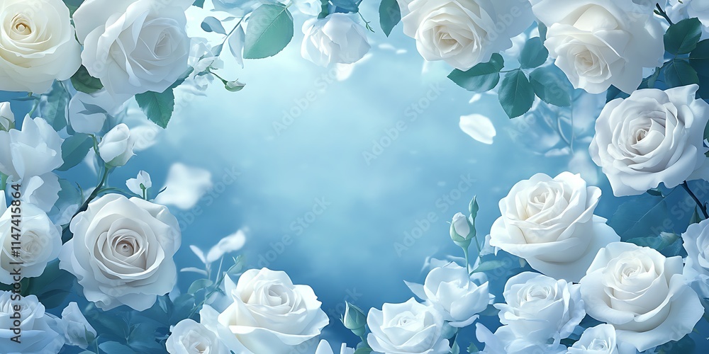 White Roses Frame Soft Blue Background White Roses Frame Soft Blue Background