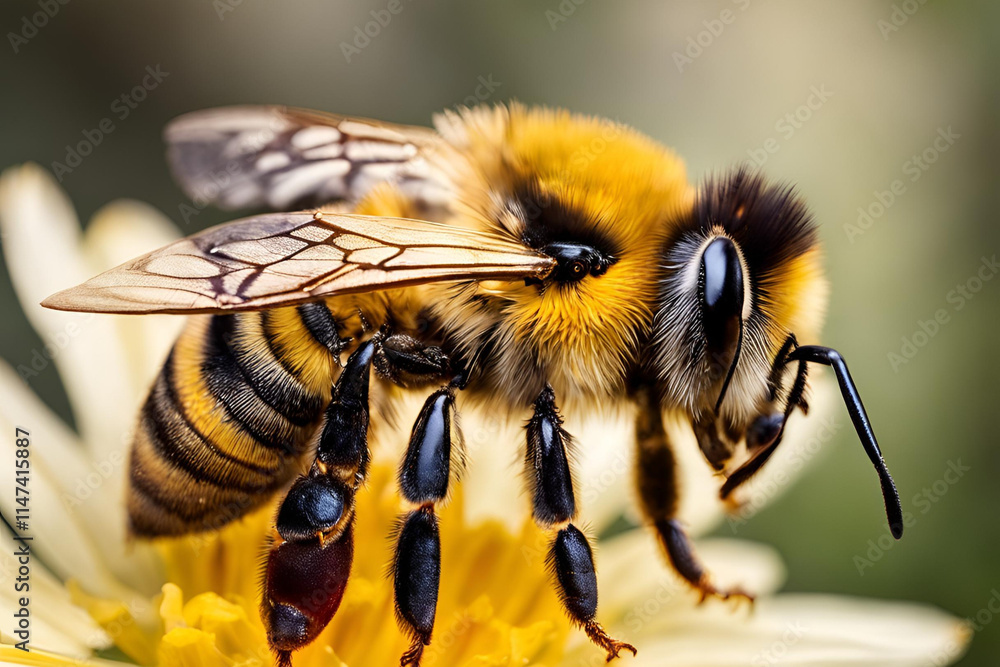 Close-up of a bee perched on a flower, with detailed wings and fuzzy body, capturing the vibrant yellow and black stripes, against a soft blurred background.
Close-up of a bee perched on a flower, with detailed wings and fuzzy body, capturing the vibrant yellow and black stripes, against a soft blurred background.