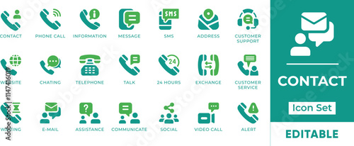 Contact Icon Set. Features editable icons for contact symbols, support, phone, email, social media, video calls, and more. Perfect for websites, businesses, and customer service departments.