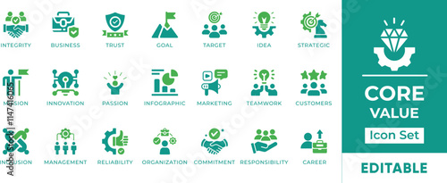 Core Value Icon Set. Features editable icons for core values, business ethics, company culture, integrity, innovation, and more. Perfect for businesses, organizations, and leadership development.