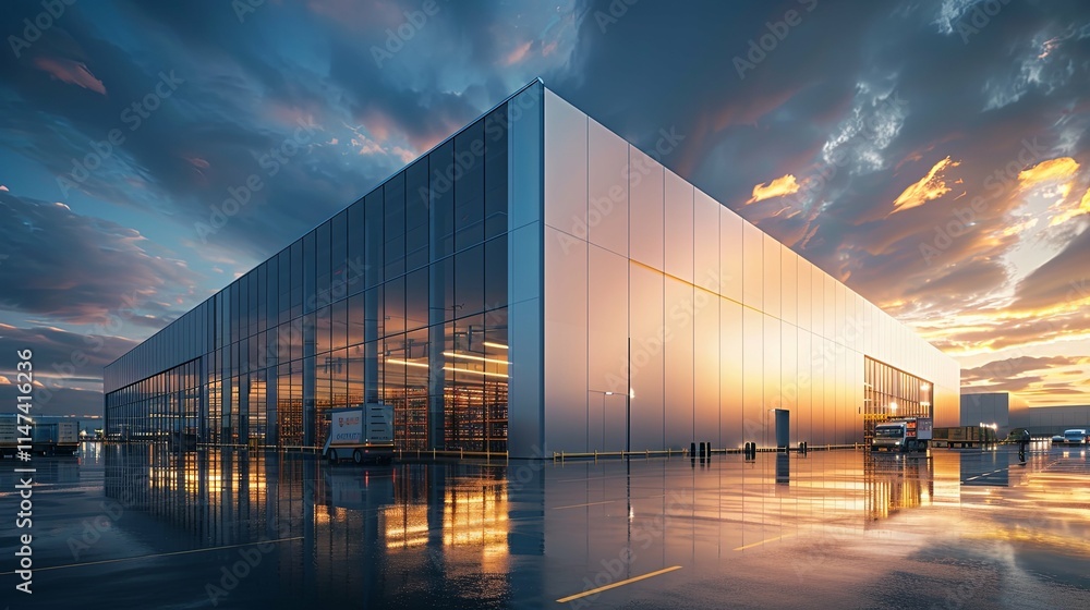 Modern warehouse building at sunset, reflecting in wet pavement. Modern warehouse building at sunset, reflecting in wet pavement.