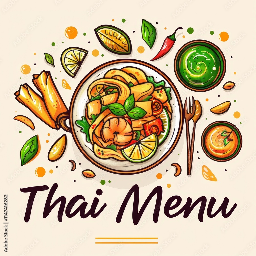 Delicious thai menu featuring traditional dishes food illustration vibrant colors culinary art close-up thai cuisine Delicious thai menu featuring traditional dishes food illustration vibrant colors culinary art close-up thai cuisine