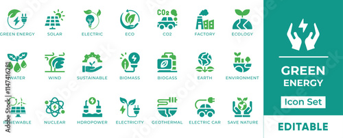 Green Energy Icon Set. Features editable icons for green energy, solar energy, and more. Perfect for environmental organizations, renewable energy companies, and sustainable living initiatives.