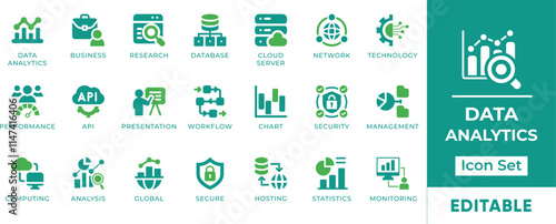 Data Analytics Icon Set. Features editable icons for data analytics, business intelligence, cloud computing, visualization, and more. Perfect for data scientists, businesses, and tech professionals.