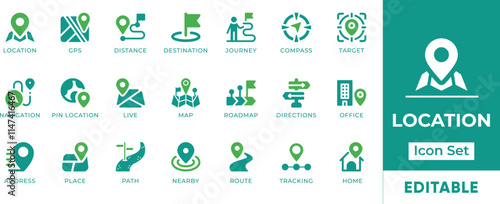 Location Icon Set. Features editable icons for location symbols, GPS, maps, destinations, and more. Perfect for travel apps, navigation systems, mapping websites, and location based services.