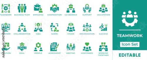 Teamwork Icon Set. Features editable icons for teamwork symbols, collaboration, cooperation, business team, employee, co-worker, and working together. Perfect for businesses, teams, and organizations.