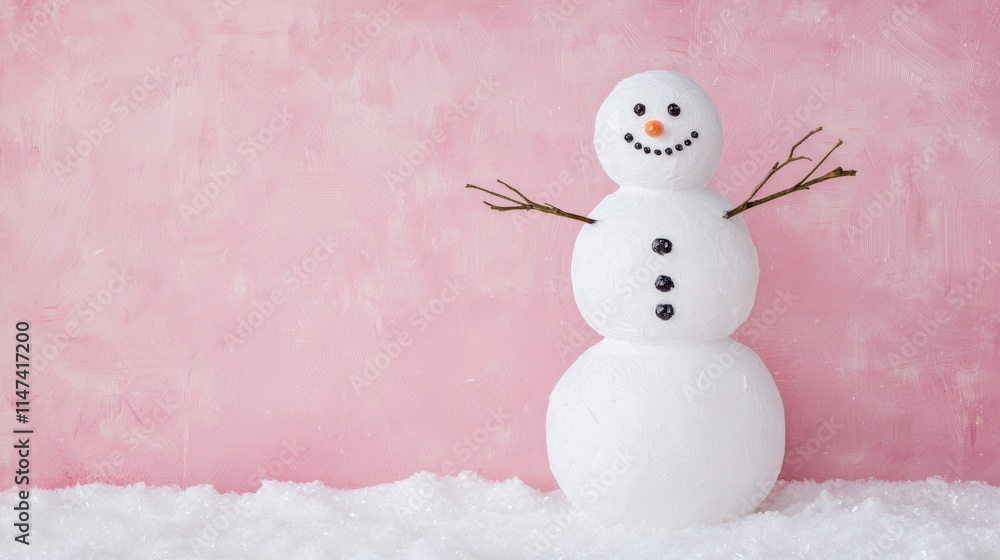 Obraz premium Whimsical Snowman with Cheerful Expression Against Pink Background