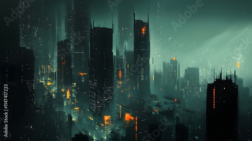 Futuristic urban nightscape sci-fi city digital art dark atmosphere aerial view cyberpunk concept photo