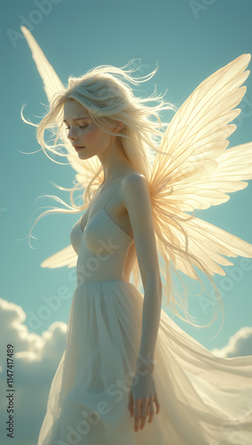 “Sylph Dancing in the Winds” – An ethereal sylph with translucent wings swirling gracefully in a vortex of winds, with soft clouds and golden sunlight illuminating her form.
