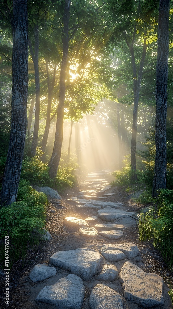 Obraz premium A serene forest scene featuring a sunlit path winding through lush greenery, with rays of sunlight filtering through the trees, creating a tranquil atmosphere.