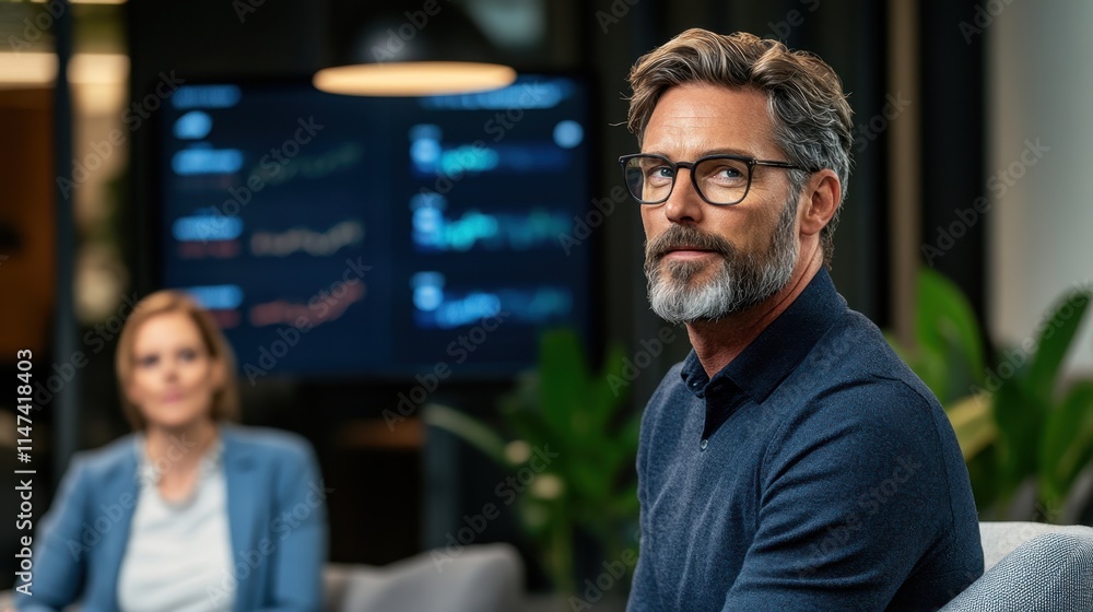 Professional Financial Adviser Engaging in Discussion with Client in Modern Office Setting, Highlighting Expertise and Financial Trends Professional Financial Adviser Engaging in Discussion with Client in Modern Office Setting, Highlighting Expertise and Financial Trends