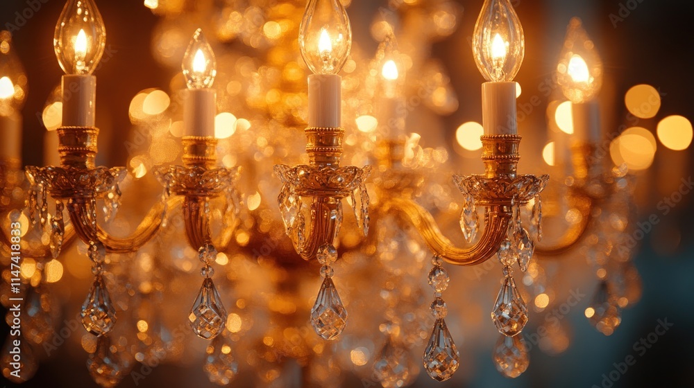 Ornate chandelier with glowing lights and crystals. Ornate chandelier with glowing lights and crystals.
