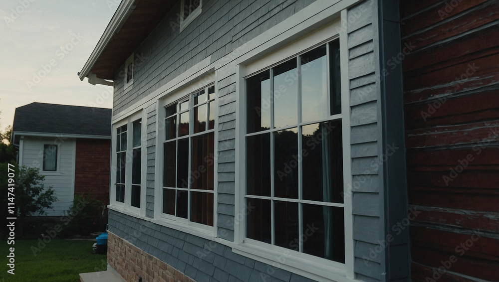 Fototapeta premium Gray House Exterior with Multi-Paned Windows