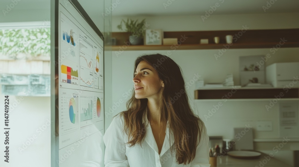 Young Woman Analyzing Financial Data on a Glass Board in a Modern Office Environment with Charts and Graphs for Insights Young Woman Analyzing Financial Data on a Glass Board in a Modern Office Environment with Charts and Graphs for Insights
