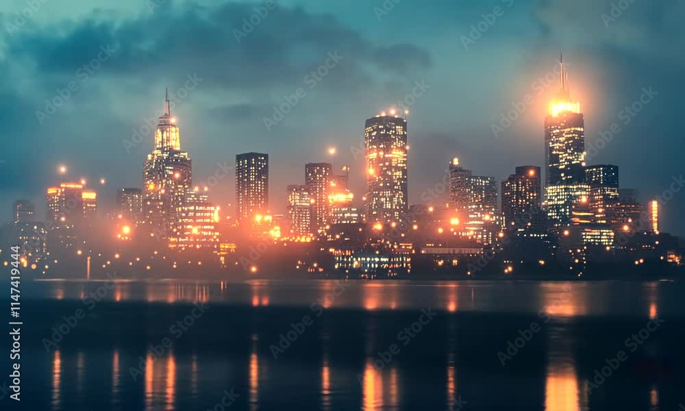 A misty city skyline illuminated by glowing lights at dusk, creating a serene atmosphere. A misty city skyline illuminated by glowing lights at dusk, creating a serene atmosphere.