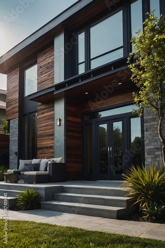 Wallpaper Mural Modern home's exterior features dark wood siding, large windows, gray stone accents, and a gray stone patio staircase. Outdoor furniture is visible on the patio. Torontodigital.ca