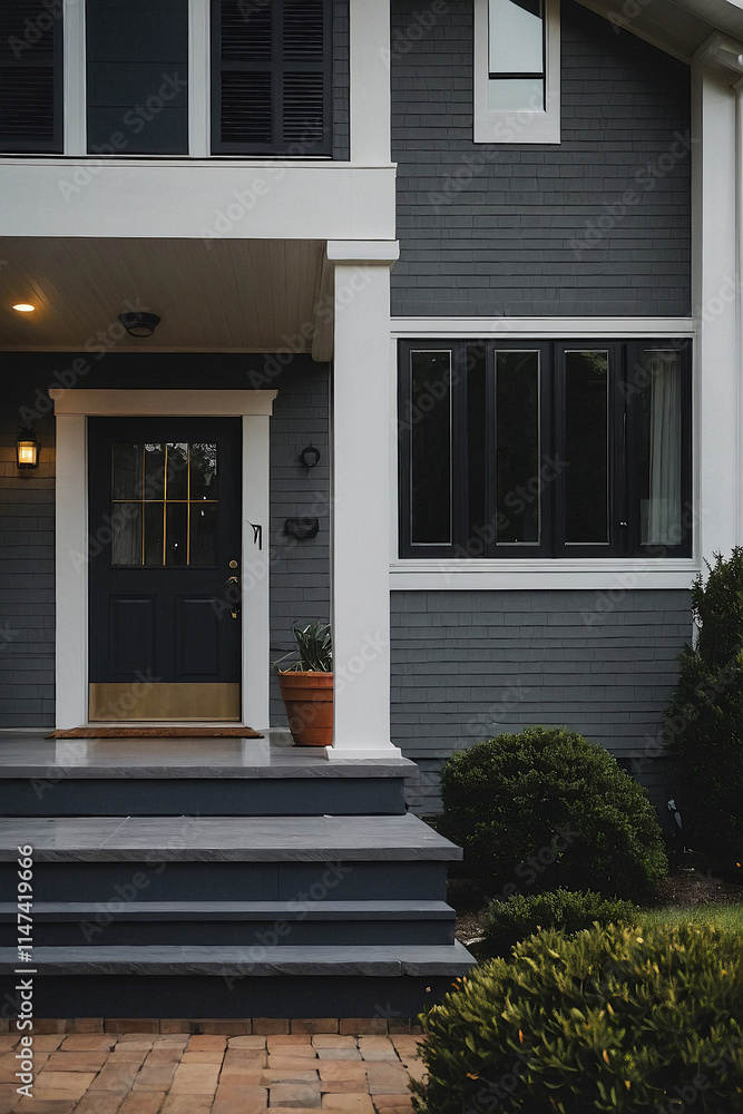 Fototapeta premium A dark gray house with white trim features a front porch with gray steps leading to a dark blue front door. Black windows and landscaping are visible.