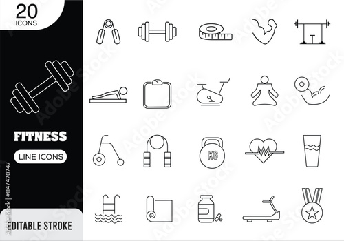 Clean Line Icons for Fitness, Gym, Yoga, and Healthy Lifestyle