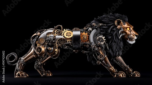 Mechanical Lion 3D Render on Dark Backdrop AI Generated photo