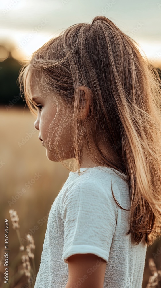 A young girl with long brown hair stands in a field, her profile illuminated by soft sunset light. A young girl with long brown hair stands in a field, her profile illuminated by soft sunset light.