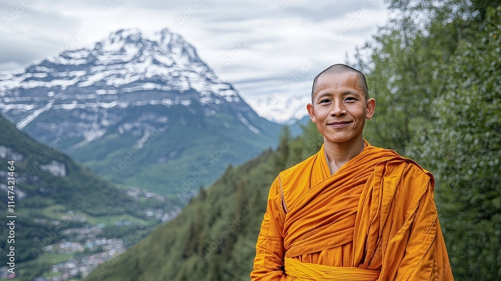 Smiling Buddhist monk in orange robe against majestic mountain backdrop. Smiling Buddhist monk in orange robe against majestic mountain backdrop.