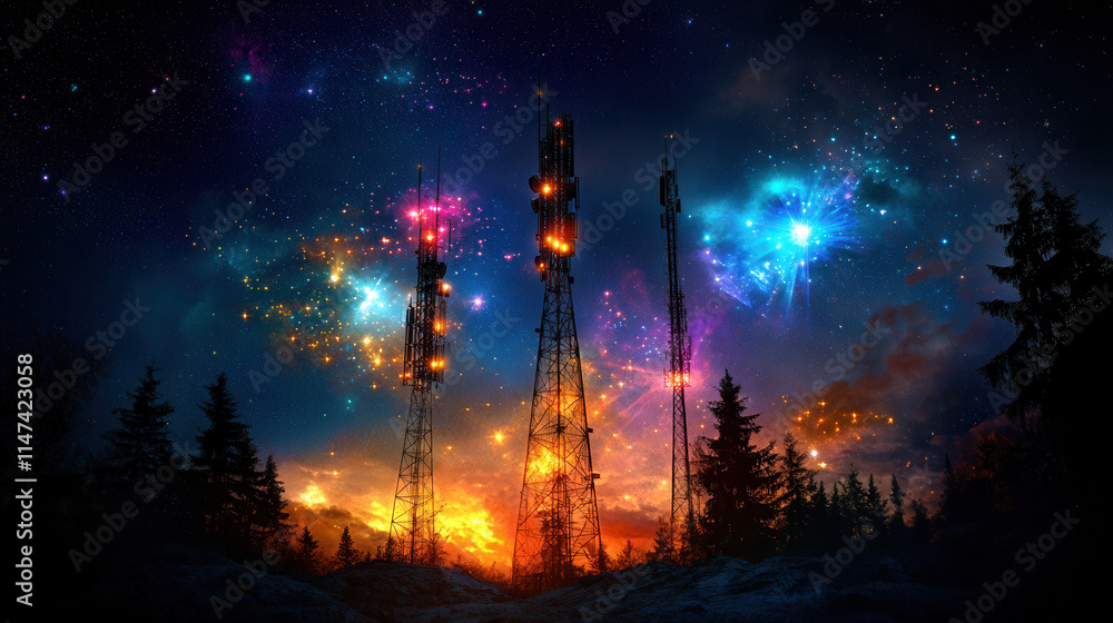 stunning telecommunication tower illuminated by vibrant cosmic colors, surrounded by trees and starry sky, creates mesmerizing scene stunning telecommunication tower illuminated by vibrant cosmic colors, surrounded by trees and starry sky, creates mesmerizing scene