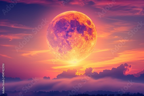 Majestic full moon illuminating a vibrant sky over the horizon landscape photography dreamy sunset view
