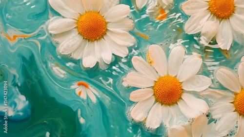Colorful abstract background featuring chamomile flowers set against a vibrant turquoise flow, Abstract background of Alpine flowers chamomile