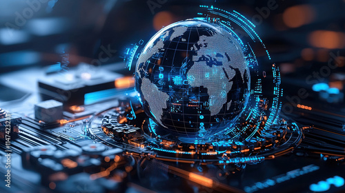 digital globe with AI driven threat intelligence visualization, showcasing interconnected data and technology. vibrant blue and orange colors highlight modern tech environment