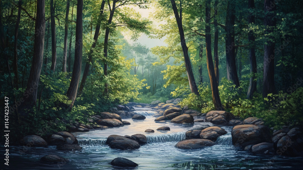 Fototapeta premium Serene forest stream flowing over smooth stones in afternoon light. 