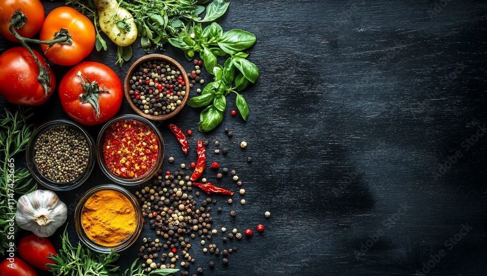 Fresh tomatoes, herbs, and spices arranged on a dark wooden surface, leaving copy space. Fresh tomatoes, herbs, and spices arranged on a dark wooden surface, leaving copy space.