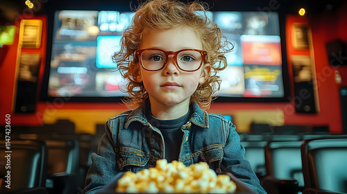 Child Watching Movie, Eating Popcorn in Theater photo