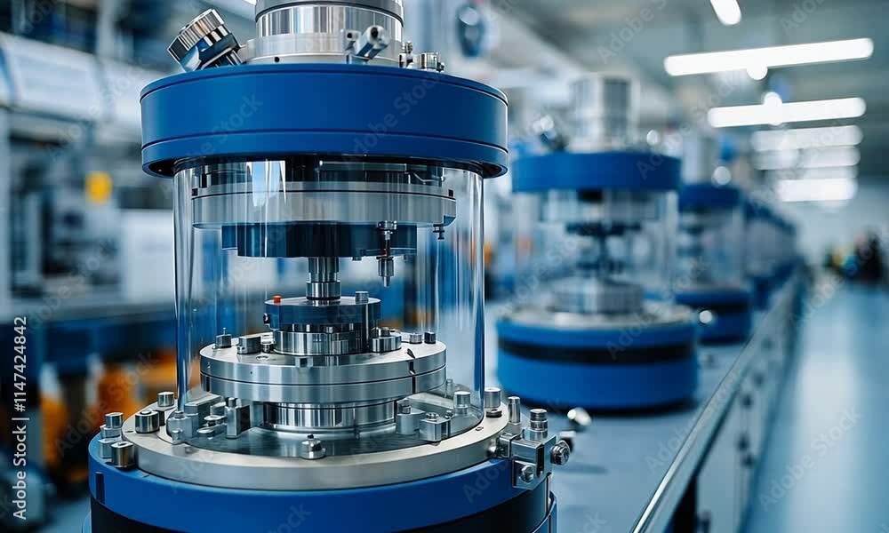 Industrial machinery with transparent casing in a factory setting. Industrial machinery with transparent casing in a factory setting.