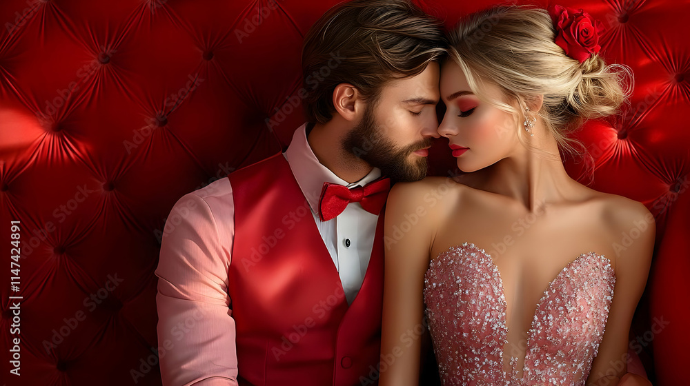 Couple's Romantic Embrace on Red Velvet Sofa, Passionate Love Scene, Intimate Moment Couple's Romantic Embrace on Red Velvet Sofa, Passionate Love Scene, Intimate Moment