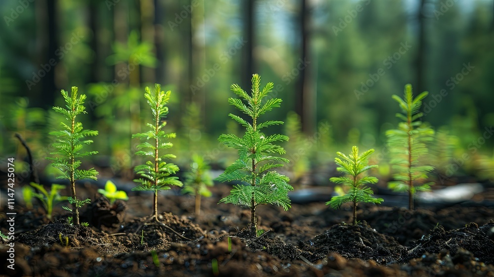 Young conifer saplings planted in dark soil, amidst a blurred forest background. Young conifer saplings planted in dark soil, amidst a blurred forest background.