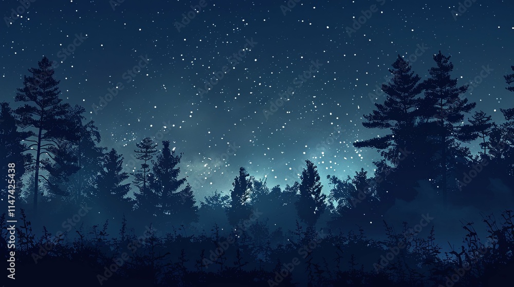 Serene Nightfall in a Mystical Pine Forest Under a Starry Sky Serene Nightfall in a Mystical Pine Forest Under a Starry Sky