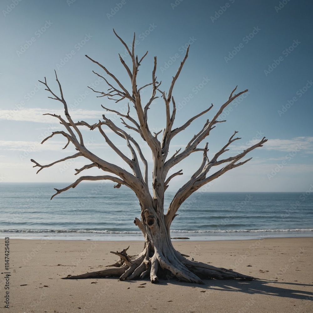 A driftwood tree standing in a minimalist modern room with ocean views. A driftwood tree standing in a minimalist modern room with ocean views.