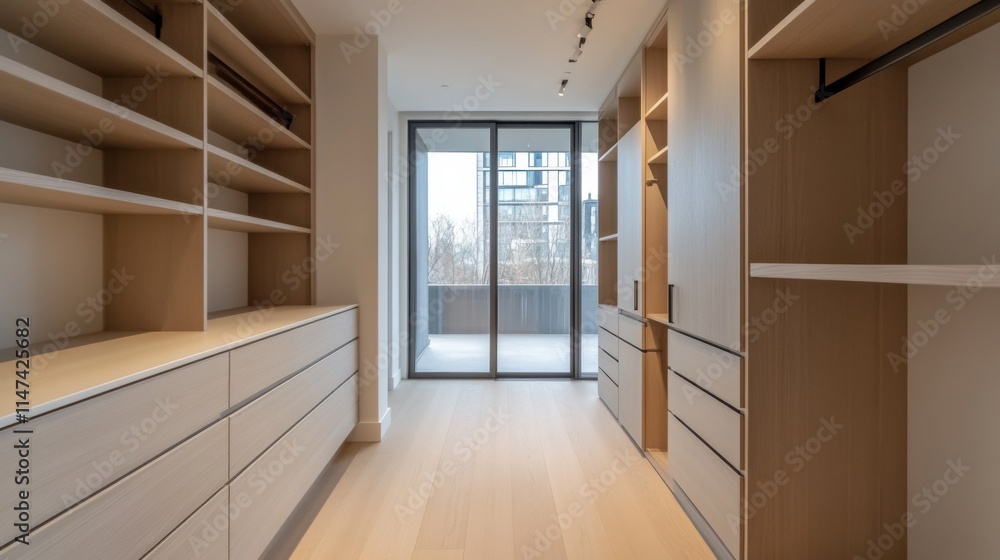 Fototapeta premium Minimalist modern closet with clean, elegant design. Featuring neutral tones and sleek storage solutions