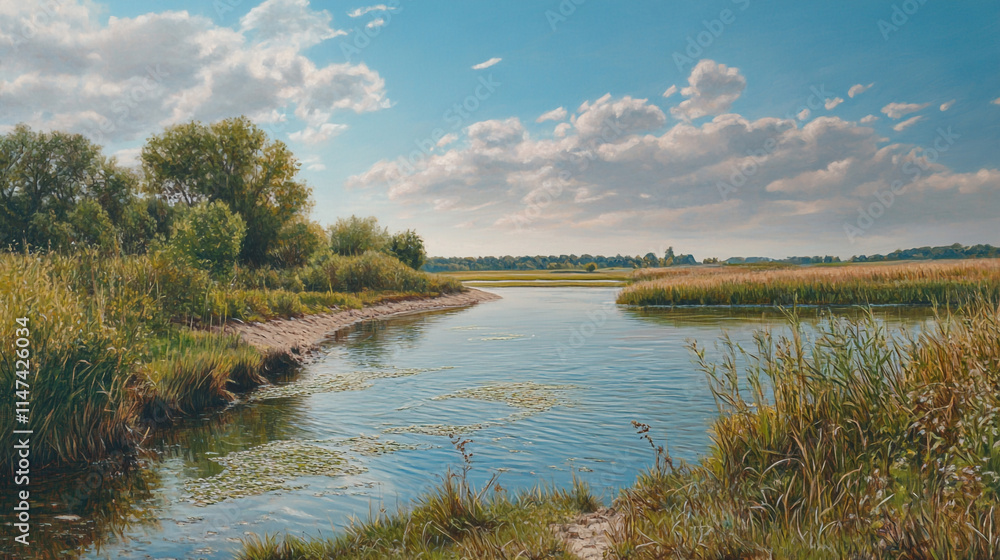 Peaceful river winding through lush green landscape under a blue sky. Peaceful river winding through lush green landscape under a blue sky.