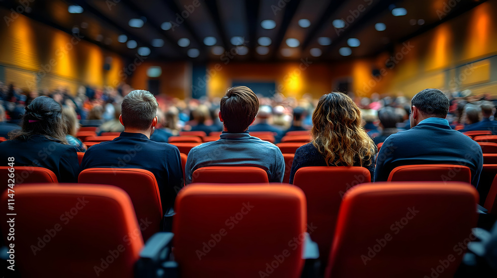 Audience Members Watch Presentation in Auditorium Audience Members Watch Presentation in Auditorium