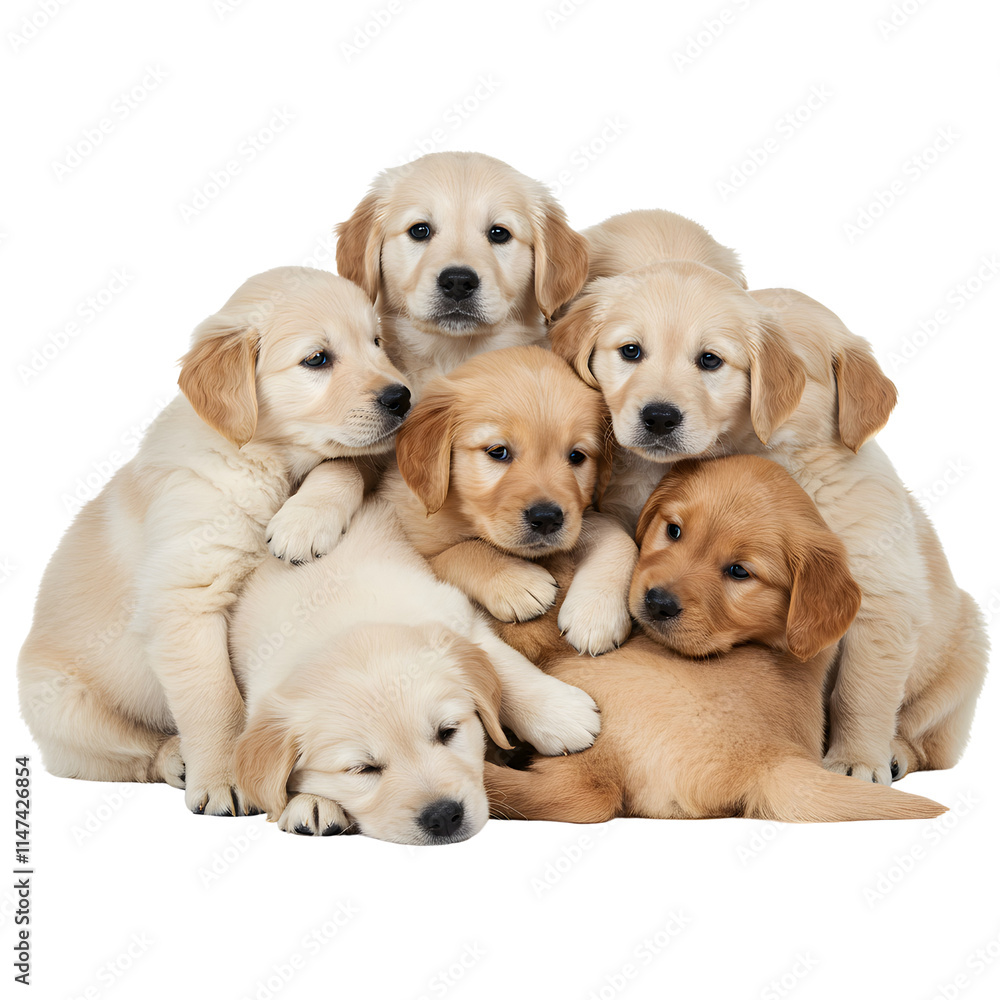 A group of golden retriever puppies cuddled together. png isolated background. transparent background. A group of golden retriever puppies cuddled together. png isolated background. transparent background.