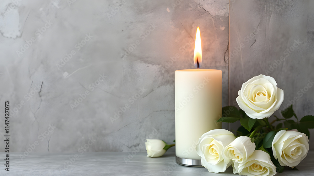Beautiful composition of a candle and white roses on the Beautiful composition of a candle and white roses on the