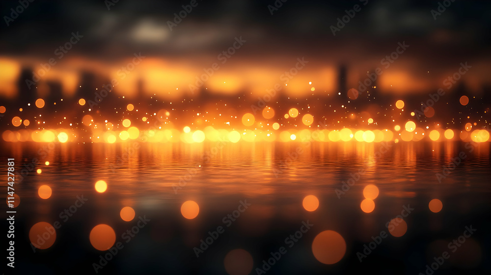 Golden City Lights Reflect on Still Water at Dusk Golden City Lights Reflect on Still Water at Dusk