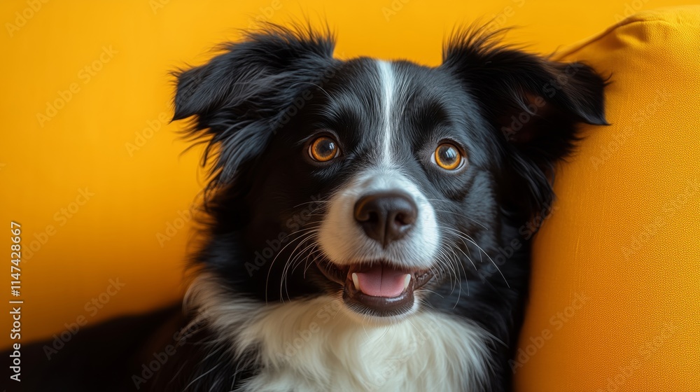 Cheerful Border Collie Captured in a Bright Orange Surrounding Cheerful Border Collie Captured in a Bright Orange Surrounding