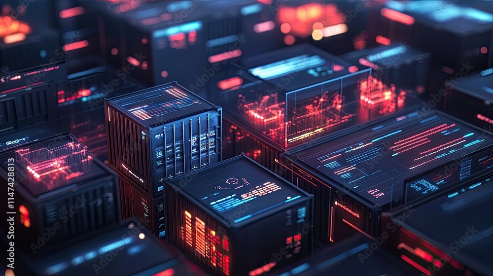 Fototapeta premium Futuristic Data Grid with Transparent Displays and Neon Lights Featuring Complex Digital Interfaces and Server-like Structures in a High-Tech Environment