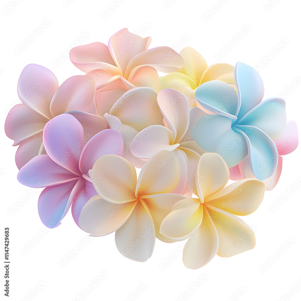 Long pastel Hawaiian bouquet of frangipani flowers with smooth edges, isolated on white background Long pastel Hawaiian bouquet of frangipani flowers with smooth edges, isolated on white background