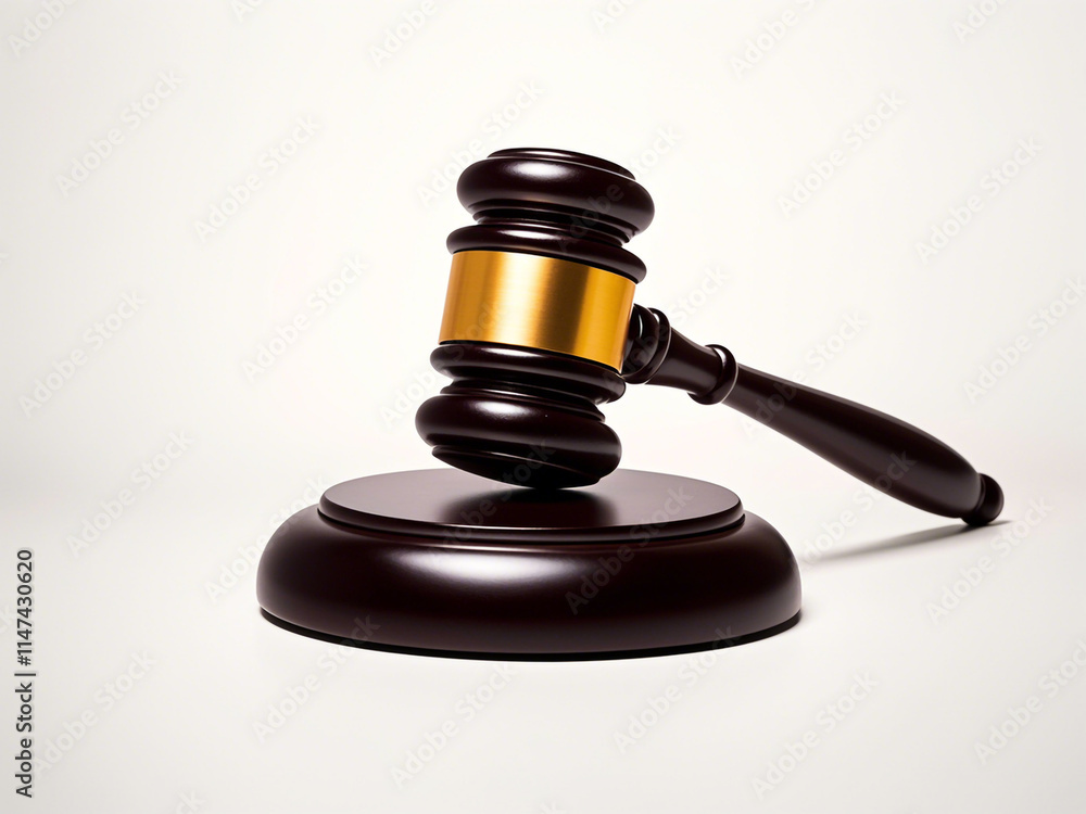 A wooden gavel on a table, representing the legal system and judicial process on white background A wooden gavel on a table, representing the legal system and judicial process on white background