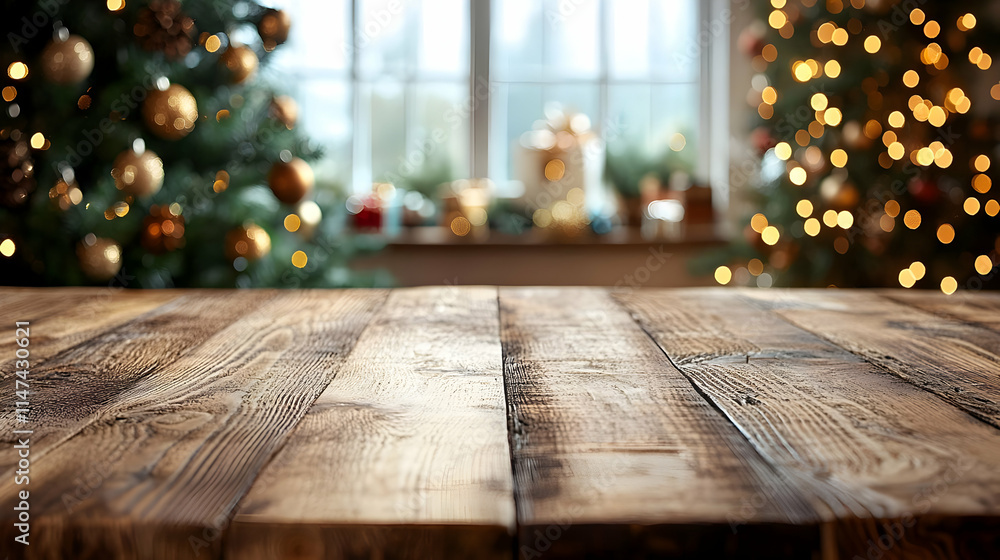Rustic Wooden Table Festive Holiday Scene Lights Rustic Wooden Table Festive Holiday Scene Lights